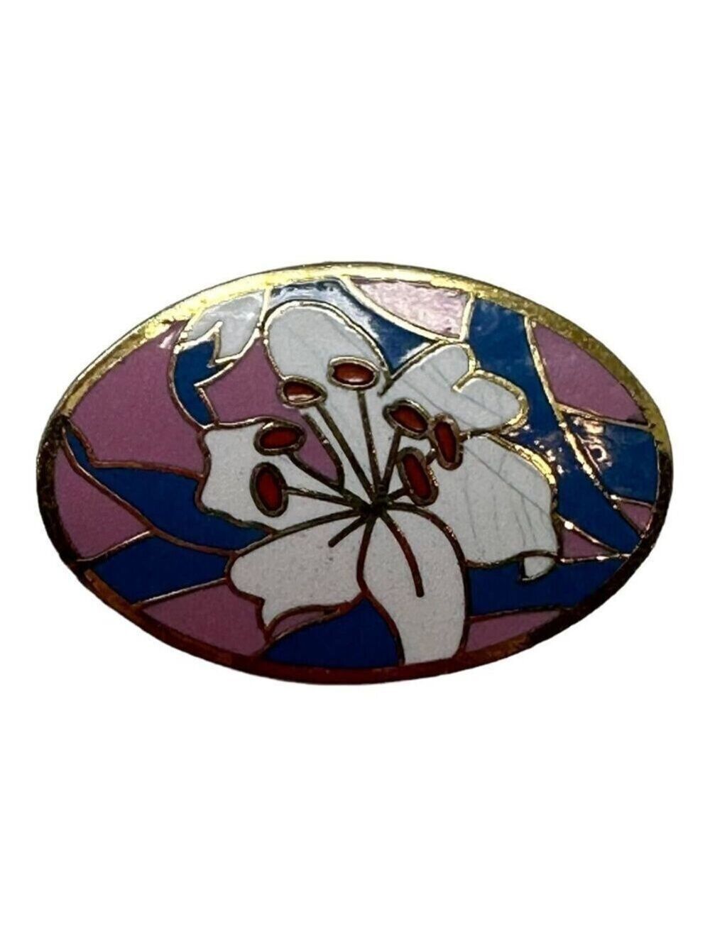 Vintage Pin Brooch Signed AGC White Lilly Pink Blue Cloisonne Enamel Flower